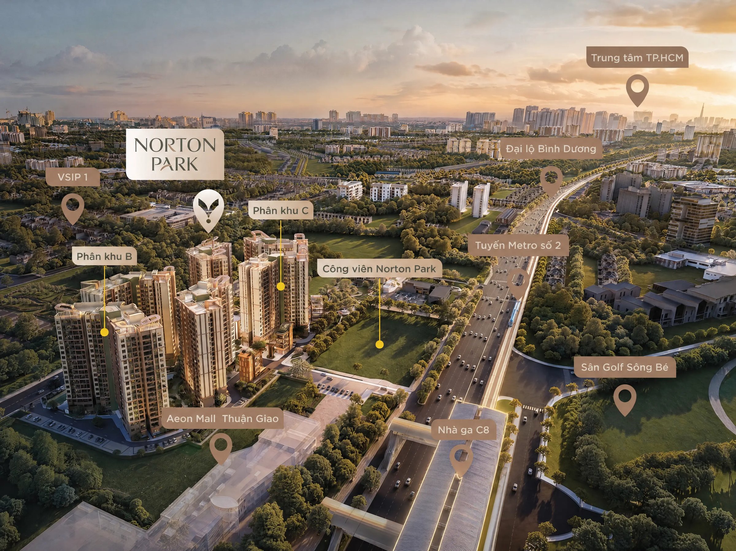 Phối cảnh Norton Park trong tổng thể khu vực: VSIP 1, AEON Mall Thuận Giao, Tuyến Metro số 2 và Nhà ga C8, Sân Golf Sông Bé, Đại lộ Bình Dương, Công viên Norton Park, Phân khu B và Phân khu C