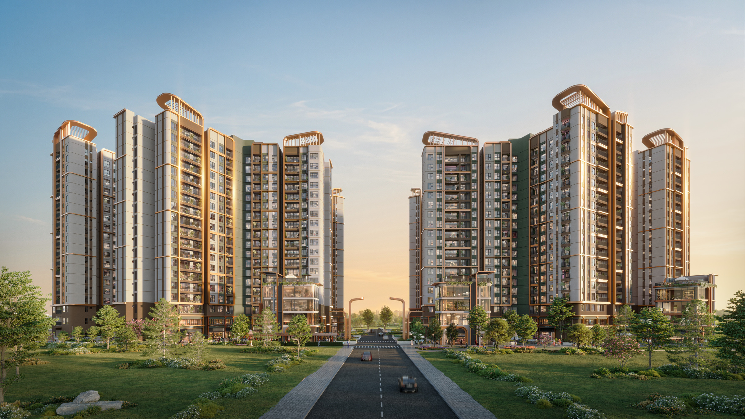 Các toà tháp Norton Park nhìn từ trục đường nội khu